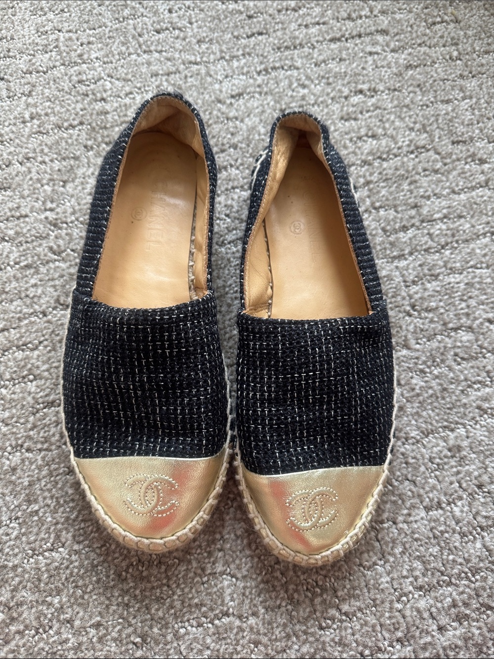 CHANEL Black Tweed Espadrilles with Gold Cap Toe